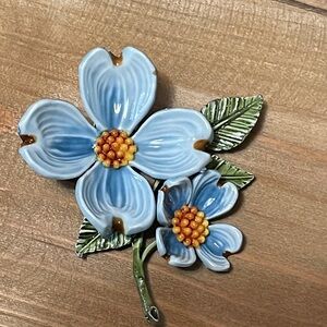 Vintage Blue w/orange center double Floral Brooch